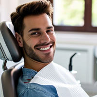 Happy, smiling dental patient in treatment chair
