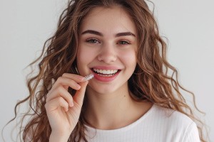 Happy young woman holding an Invisalign tray