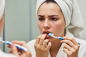 Concerned woman looking at her gums in mirror