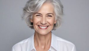 Gray-haired woman with beautiful, youthful smile